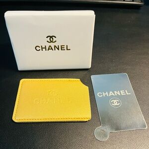 CHANEL Logo Card Pocket Mirror with Gold Metallic Case and Carrdboard Sleeve.